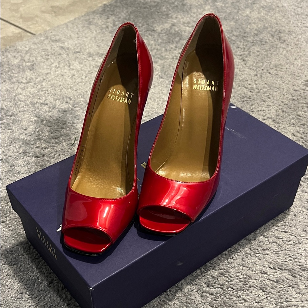 Stuart Weitzman Vibrant Red Peep Toe Heels